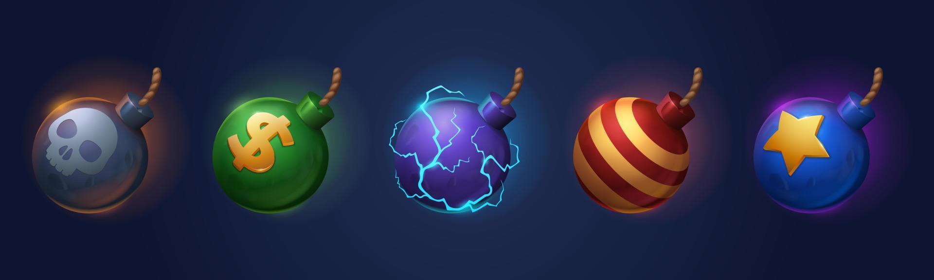 Bombs with fuse props game icons, metal balls vector