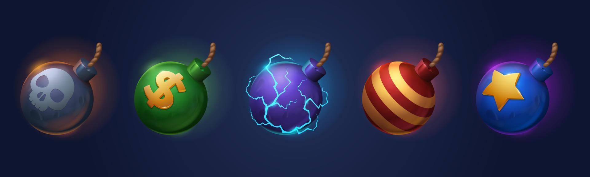 bombas con iconos de juego de accesorios de fusibles, bolas de metal vector