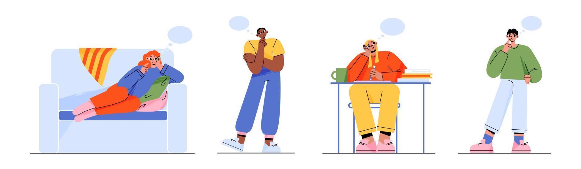Dreaming people, smiling thoughtful characters vector