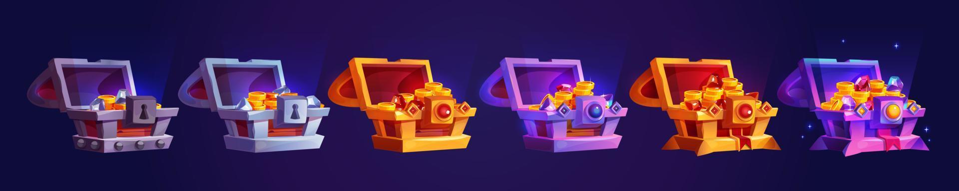 Game icons of treasure chests with money and gems vector