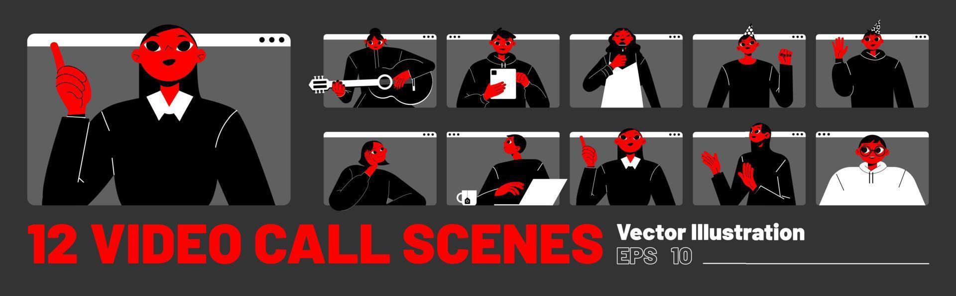 Set of video calls scenes with people on screens vector