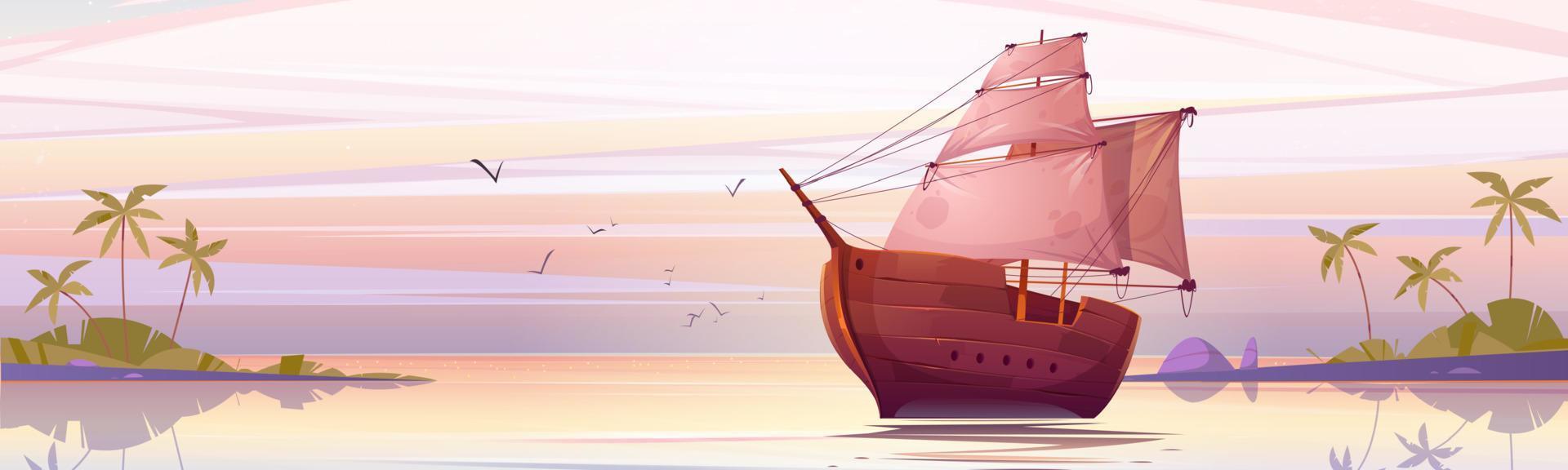 Wooden ship with white sails float under pink sky vector