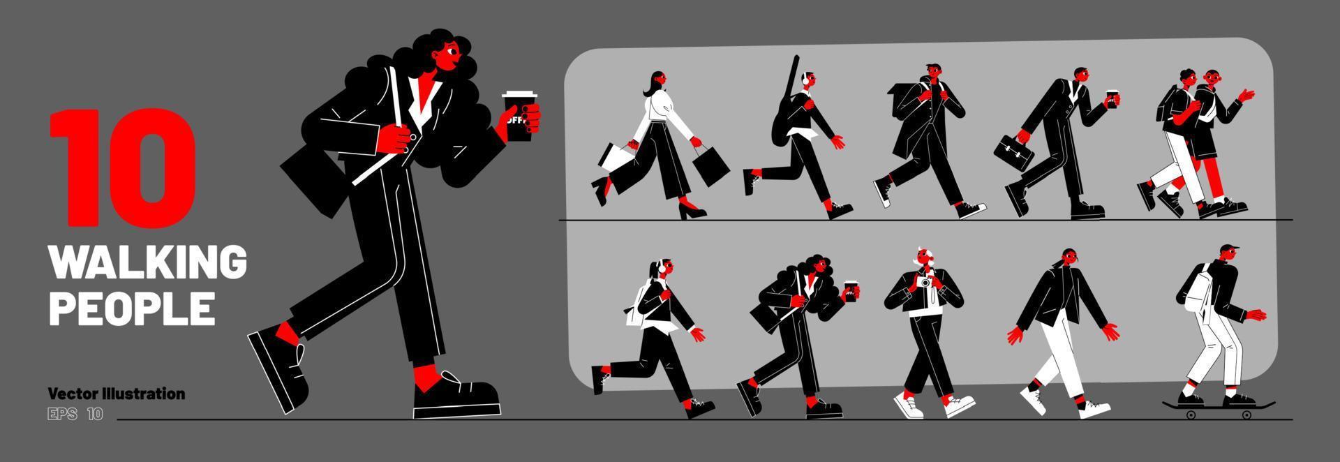 Set of walking people, diverse passerby characters vector