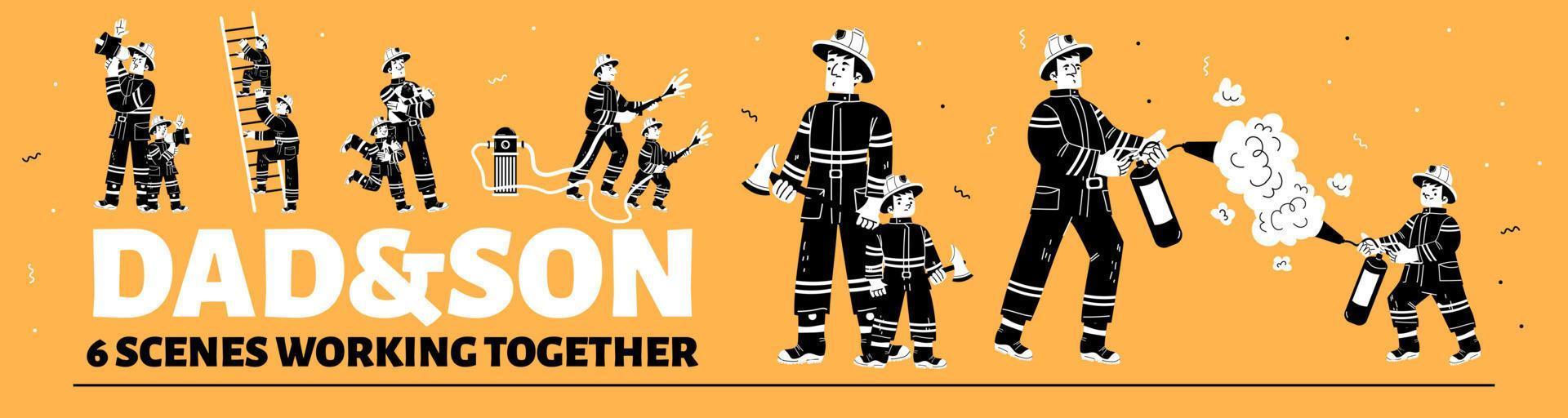 Dad and son characters in fireman costume vector