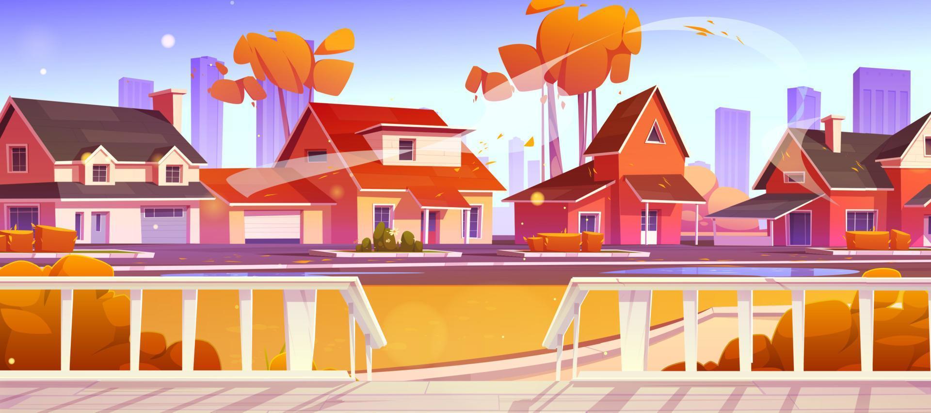 Autumn street with cottages from house terrace vector