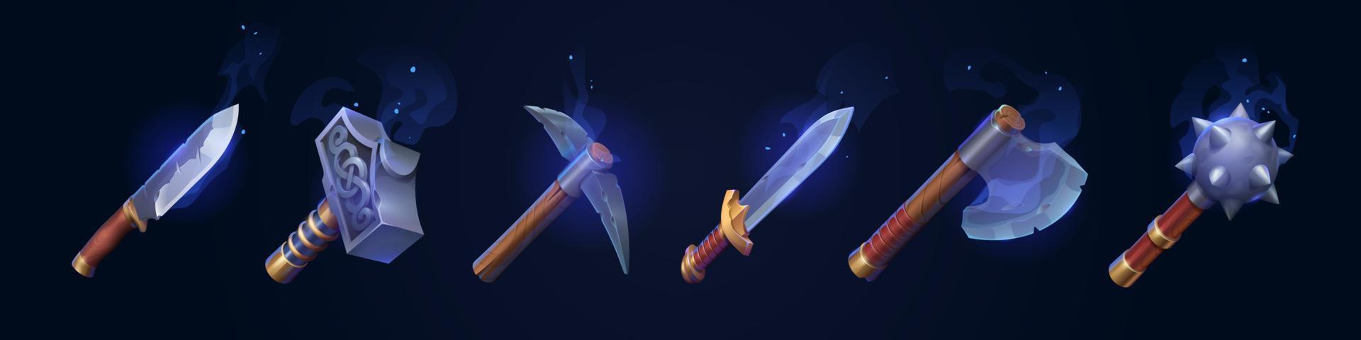 Weapon icons, mace, sword, dagger, pickaxe, hammer vector