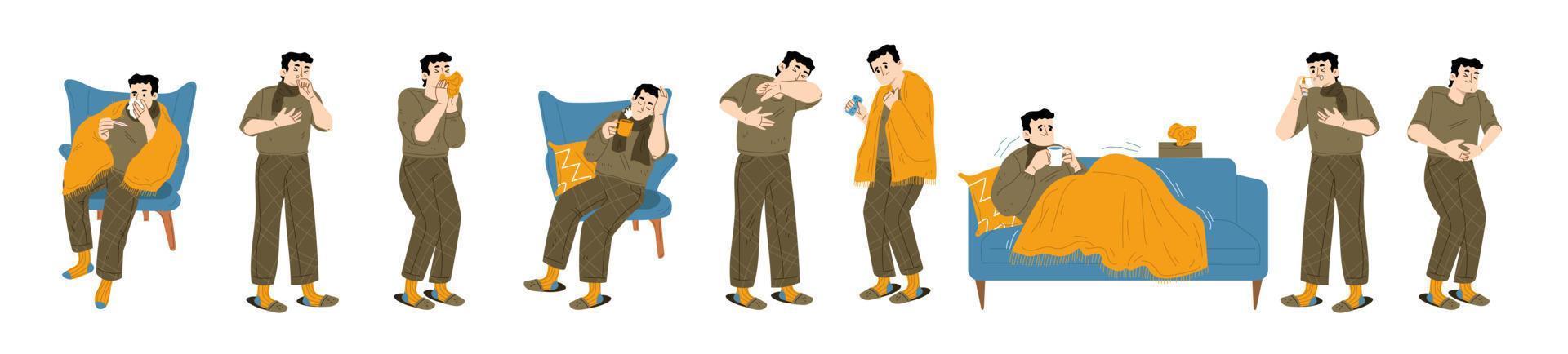 Sick person, ill character with cold, flu vector