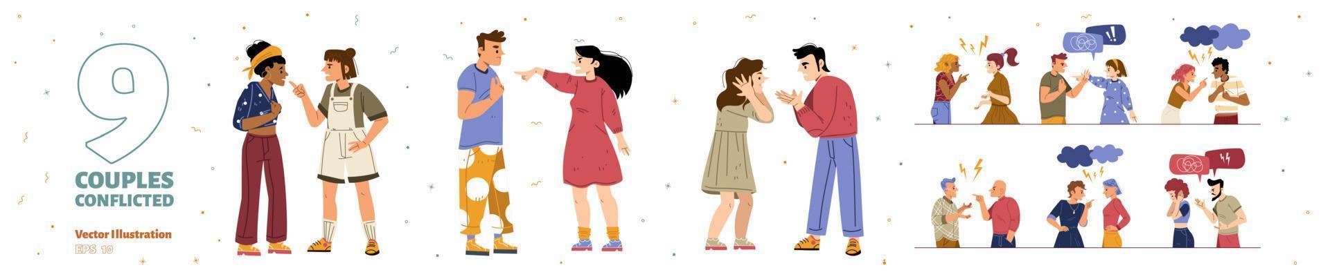 Set of couples conflict, quarrel, people swear vector