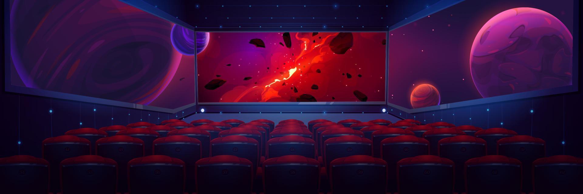 Movie theater, cinema hall with wide screen, seats vector