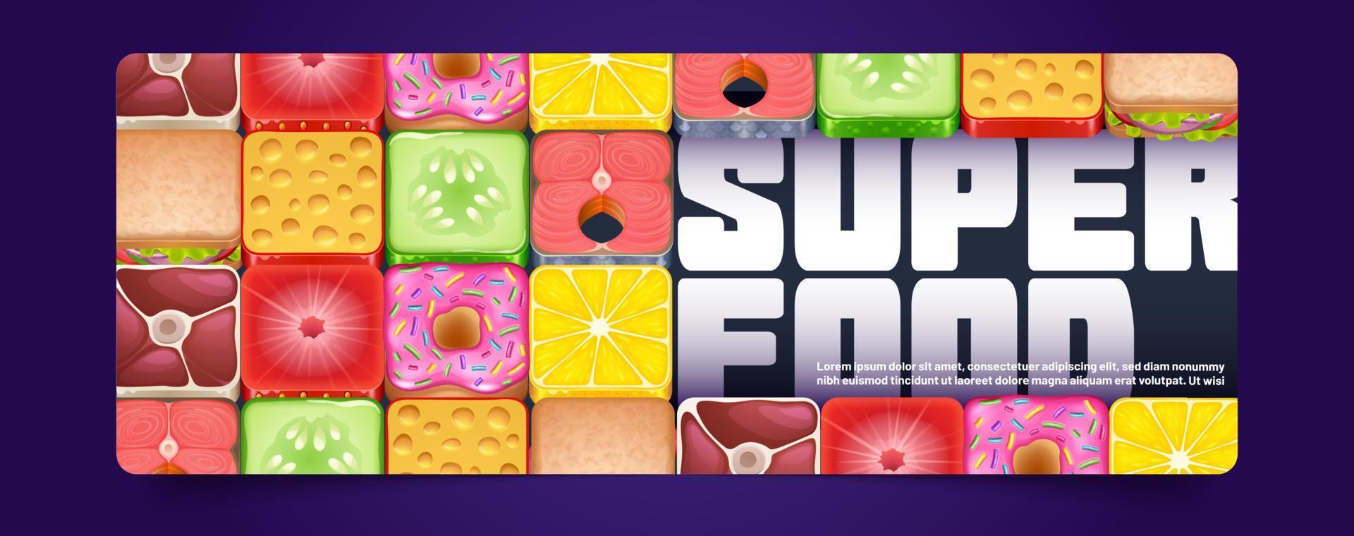 banner de super comida con iconos de comida cuadrada vector