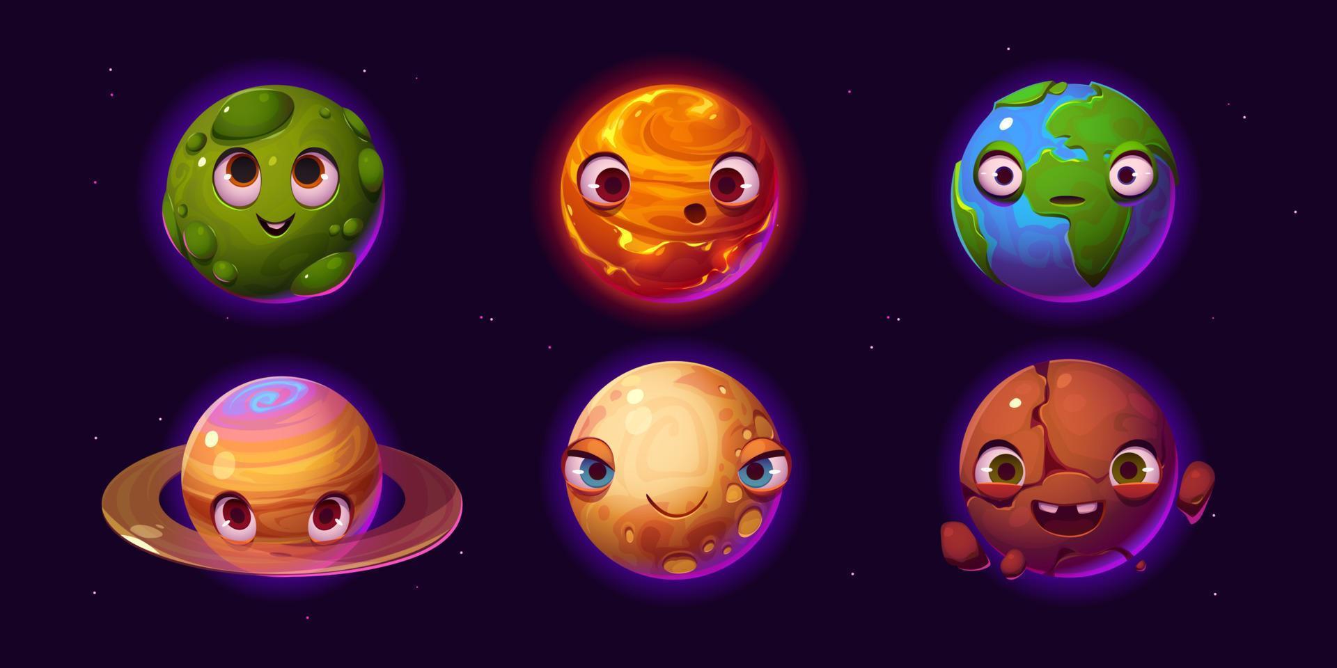 Cute Earth, planets and asteroid characters vector