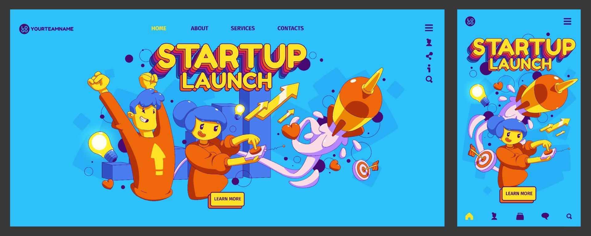 Startup launch banner with flying rocket vector