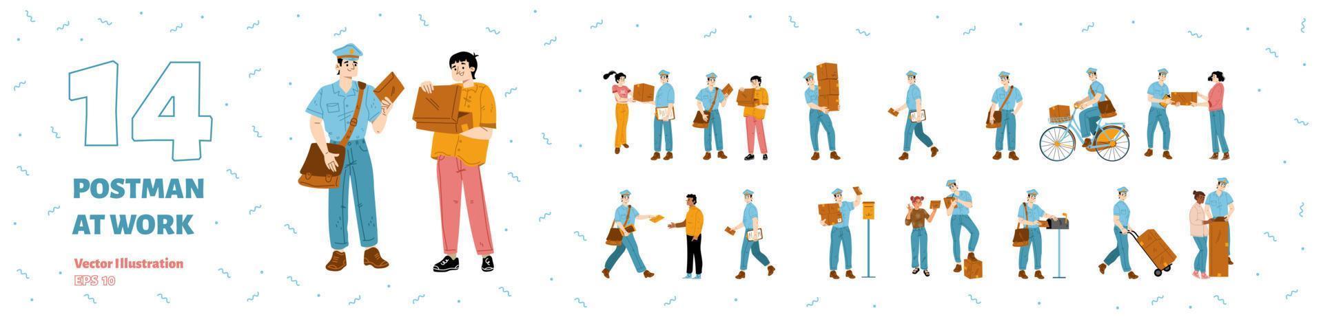 Postman and happy customers receiving parcels vector