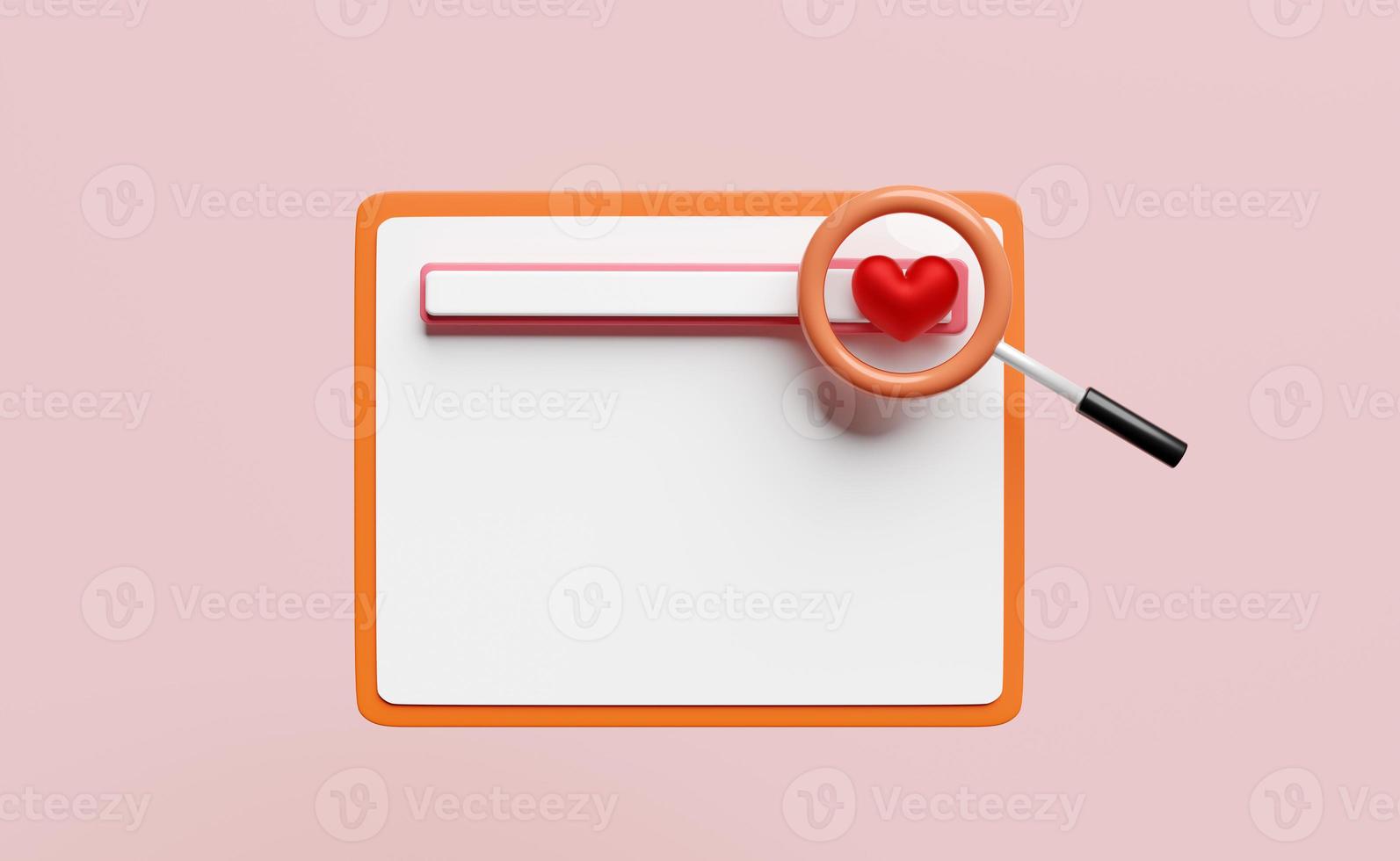 magnifying glass with red heart, mobile phone, smartphone isolated on pink background. find love, health love or world heart day concept, 3d illustration, 3d render photo