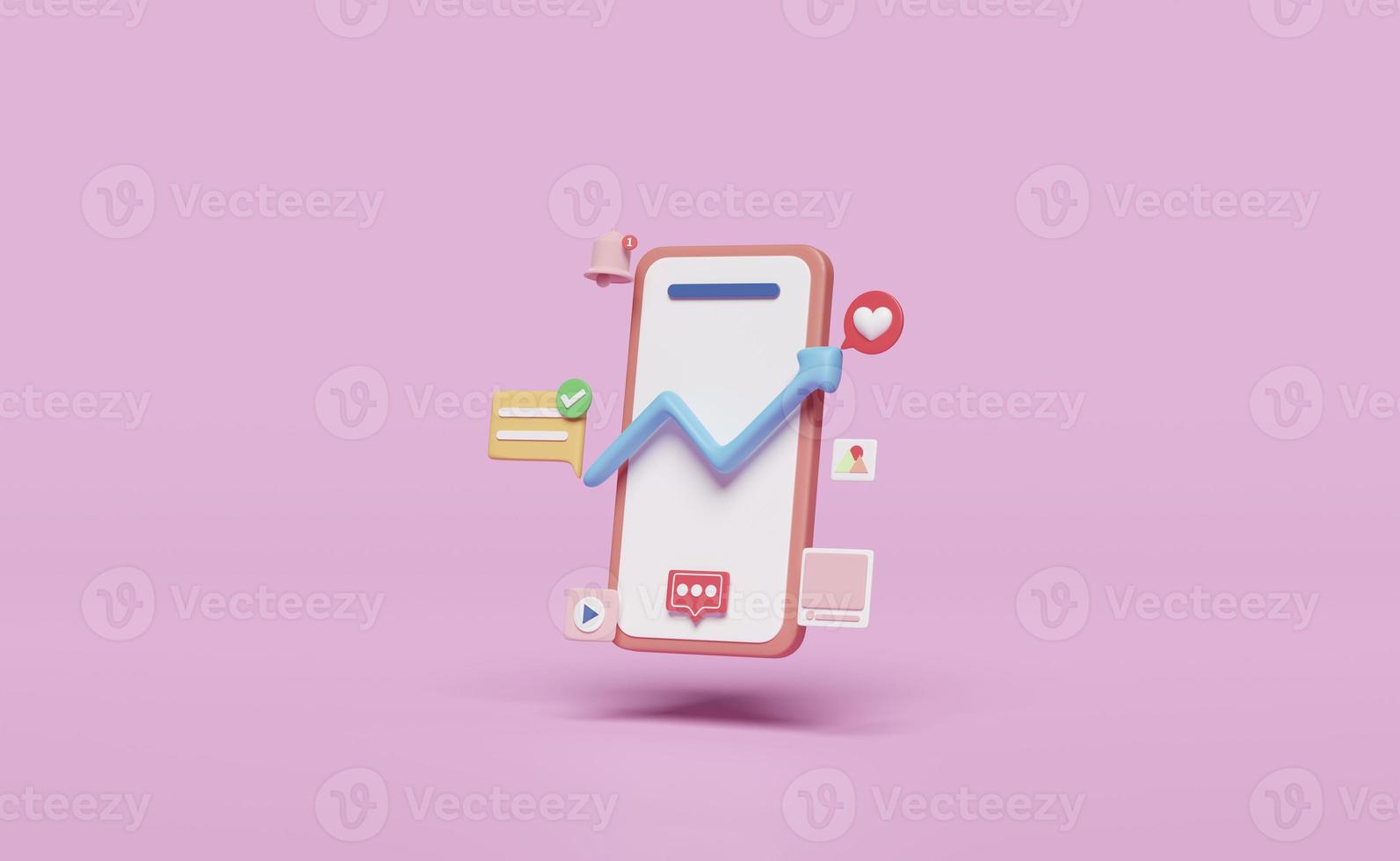 3d social media with mobile phone, smartphone icons, arrow graph isolated on pink background. online social, communication applications concept,  3d render illustration photo