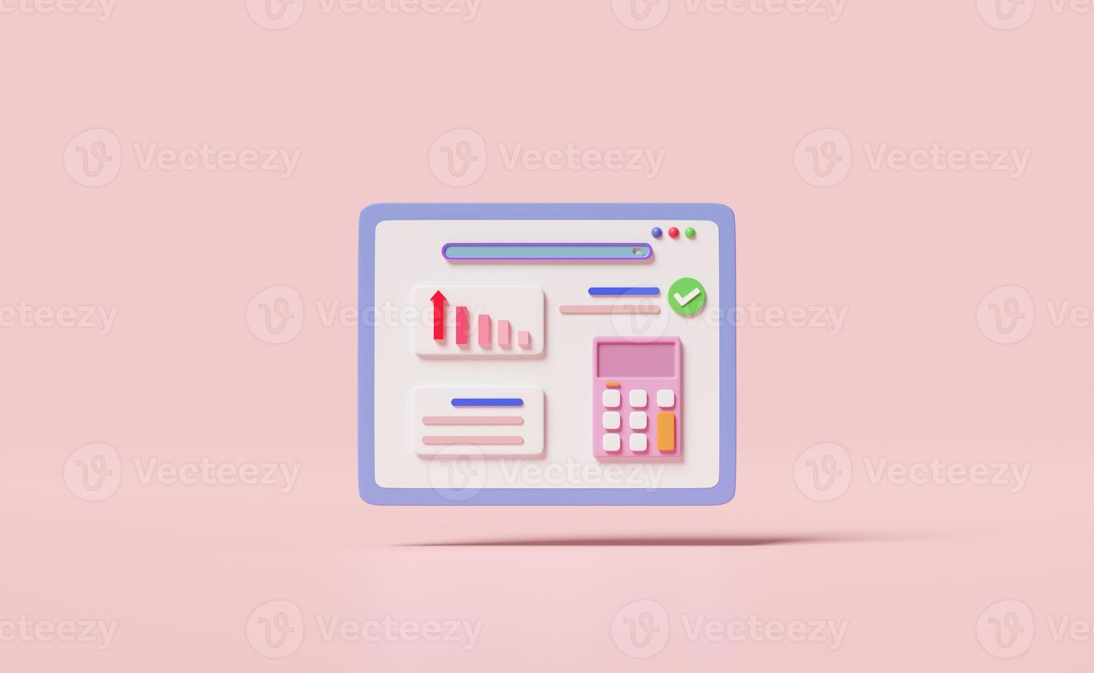3d financial report charts and graph on screen with search bar, calculator isolated on pink background. Online marketing, business strategy, data analysis, concept, 3d render illustration photo