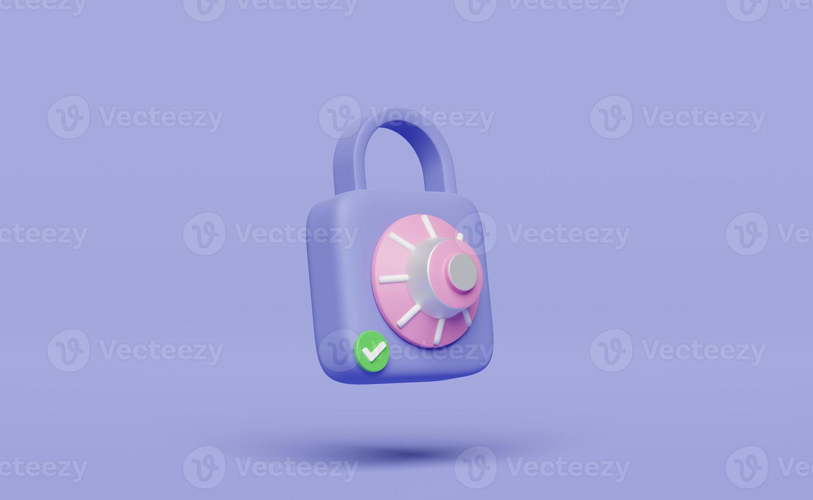 3d padlock, key icon with password insecure isolated on purple background. security data protection, minimal concept, 3d render illustration photo