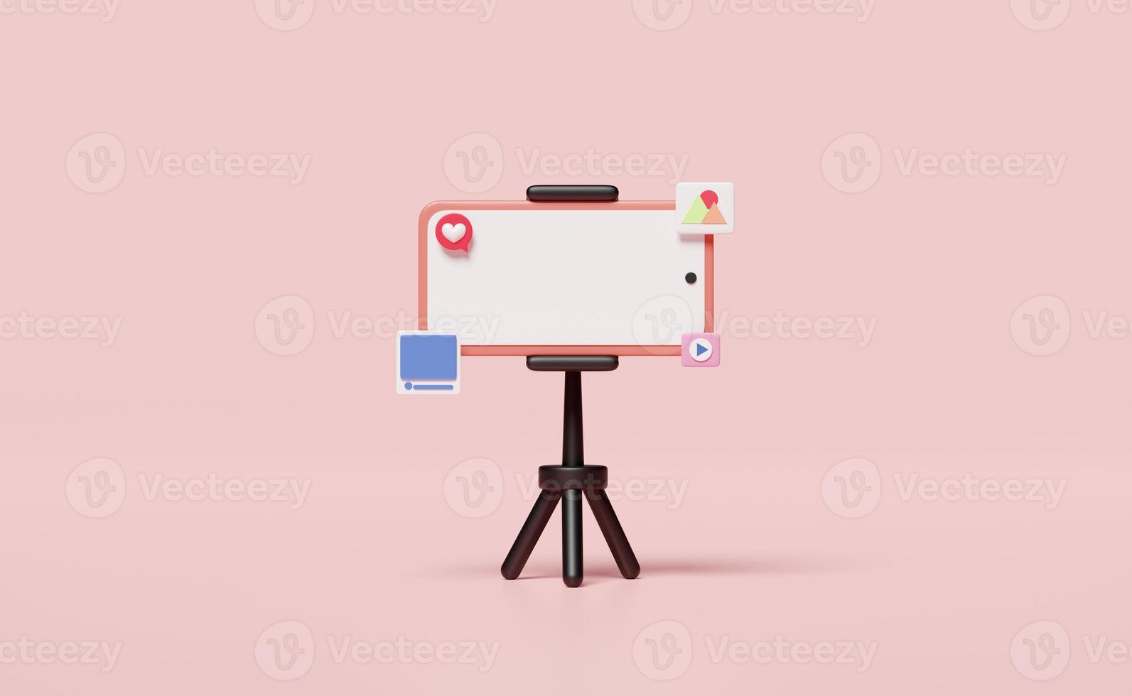 3D social media with mobile phone, smartphone, tripod icons isolated on pink background. online video live streaming, communication applications, notification message concept, 3d render illustration photo