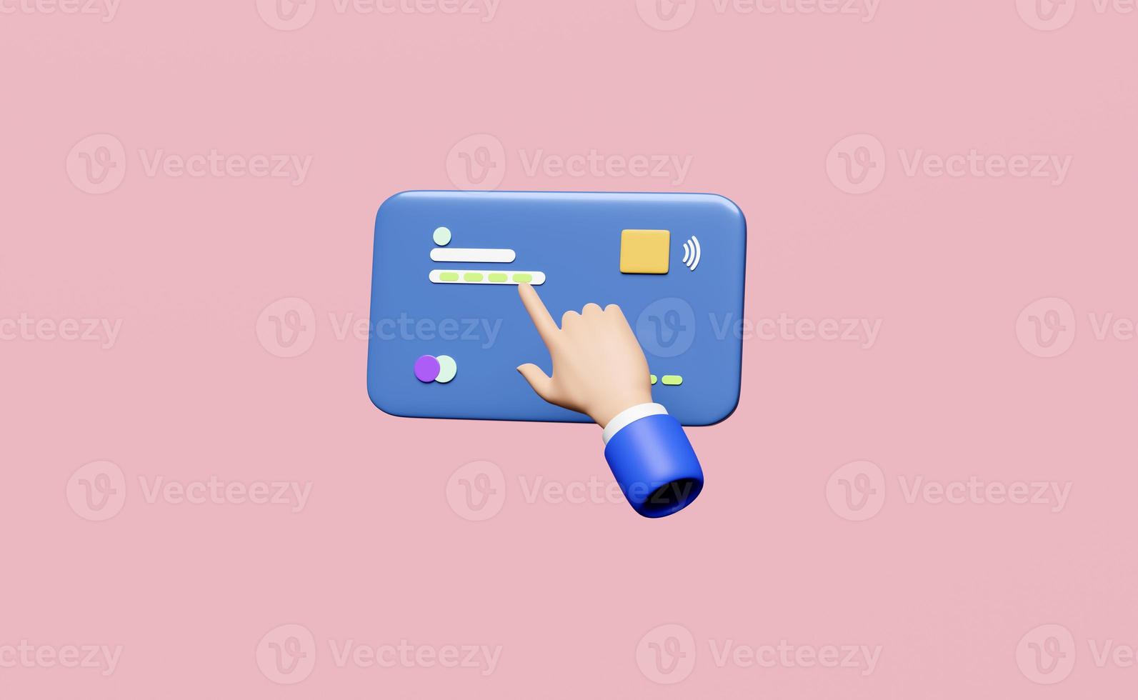 3D hand using credit card isolated on pink background. payment transaction, online shopping, saving money, business finance, cashless concept, 3d render illustration photo
