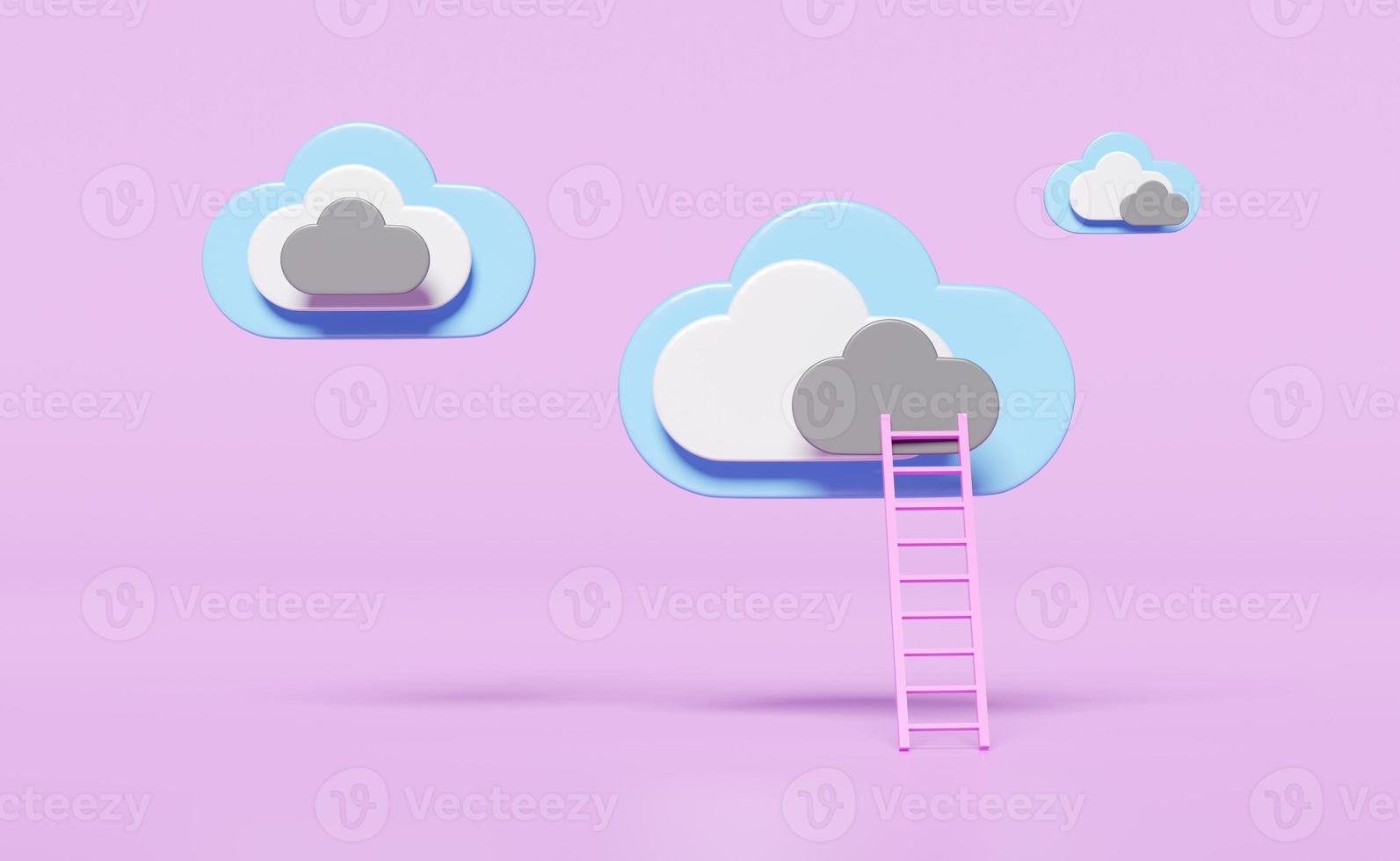 cloud with ladder or stairs isolated on purple background. cloud storage download, upload, data transfering, datacenter connection network concept, 3d illustration, 3d render photo
