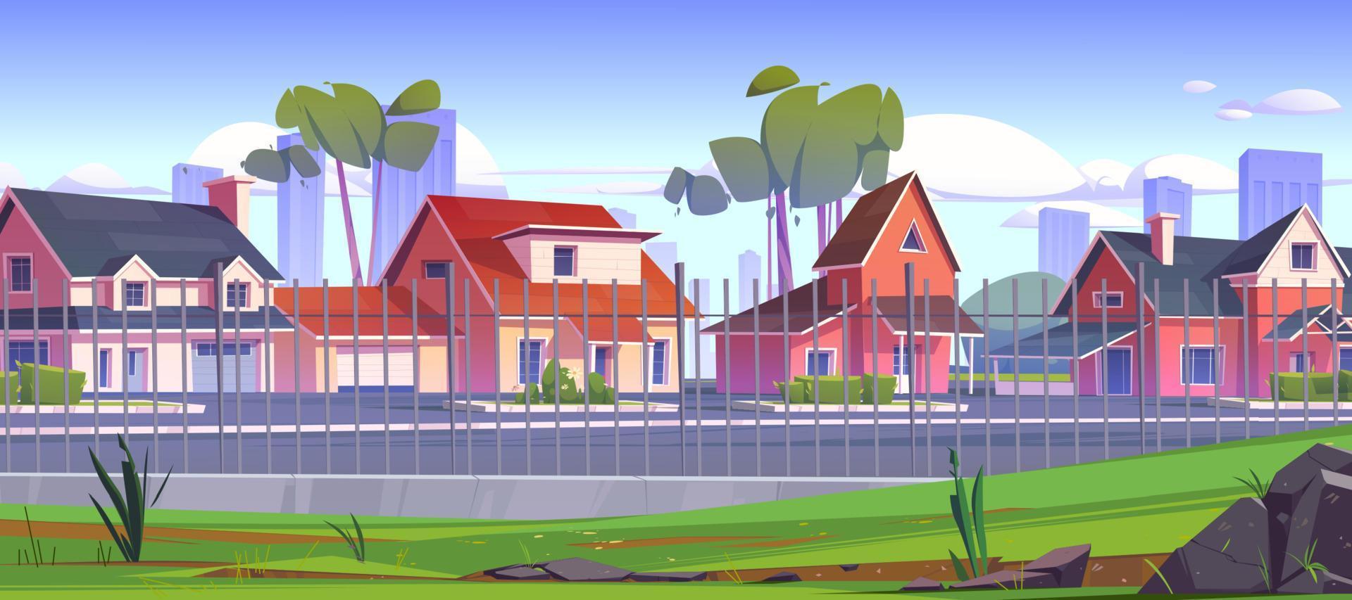 Suburban street with houses behind metal fence vector