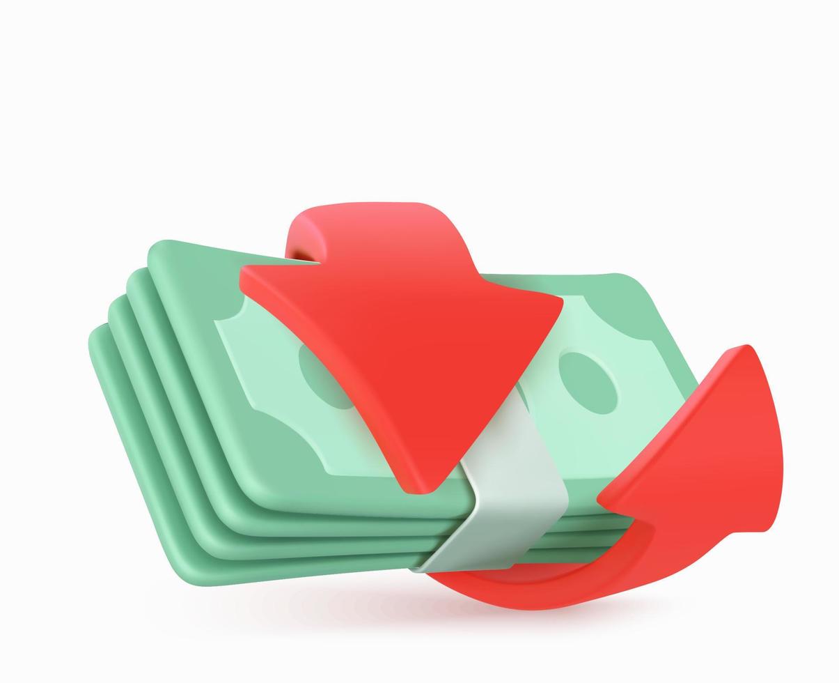 Paper cash bundle with red arrow. Money exchange vector