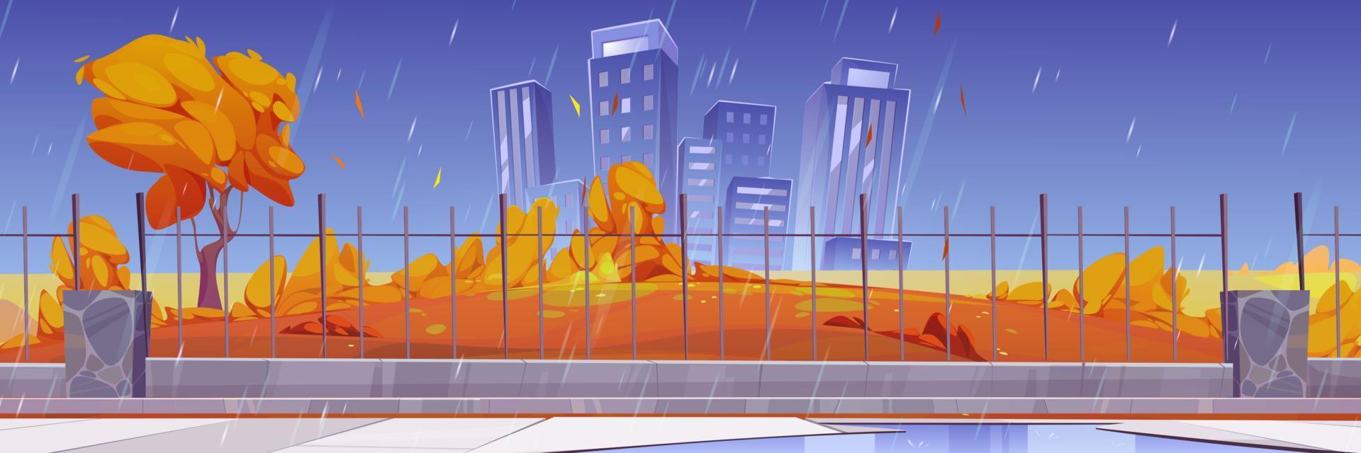 Autumn cityscape with park in rain vector