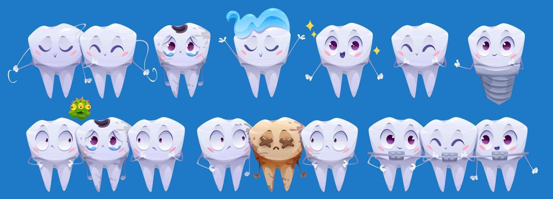 personajes de dibujos animados de dientes, dientes limpios y sucios vector