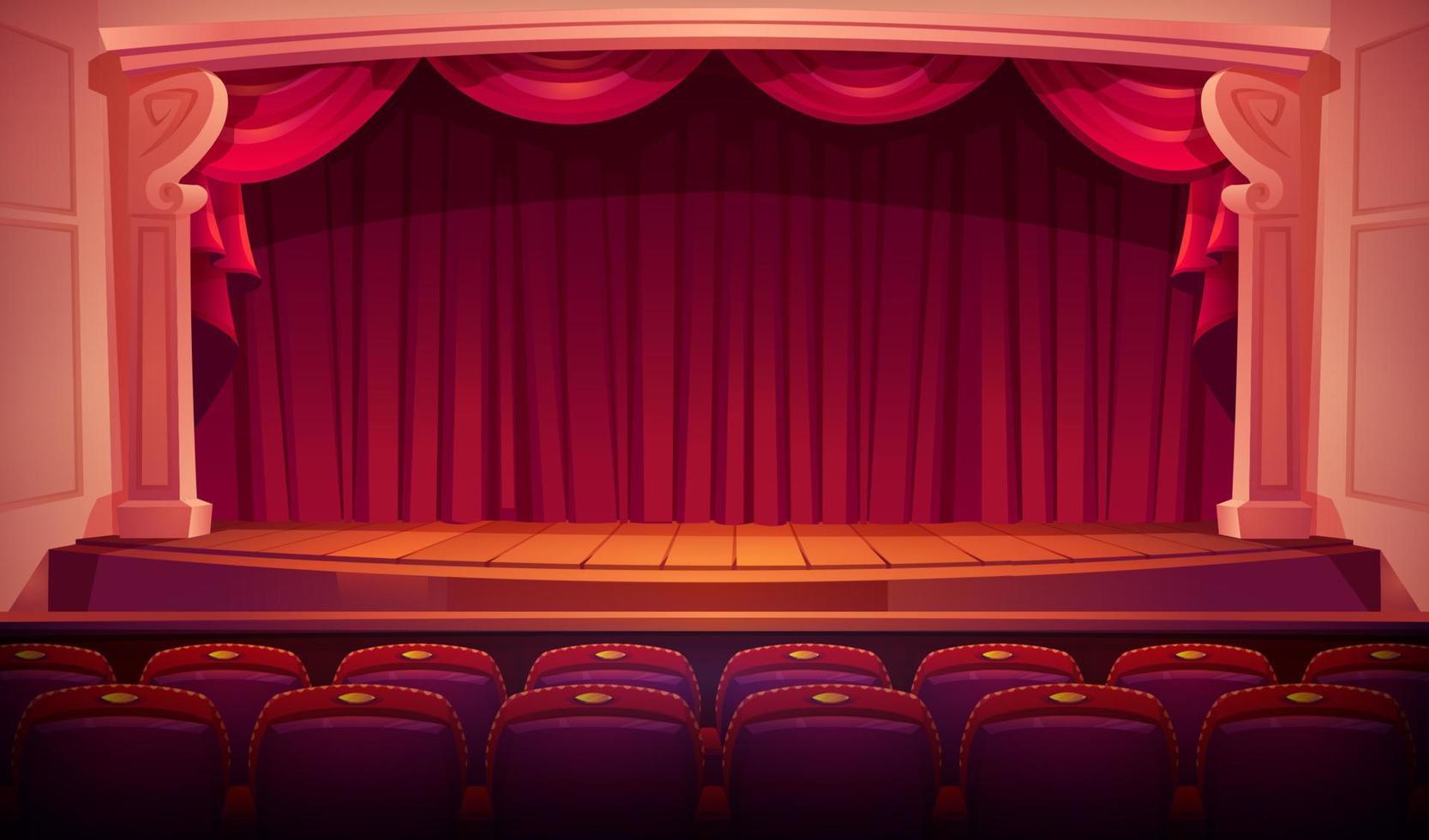 Theater stage with red curtains, theatre seats vector