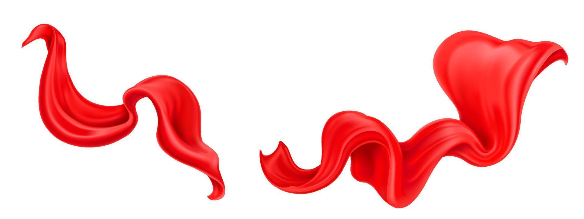 Realistic set of flying red silk cloth on white vector