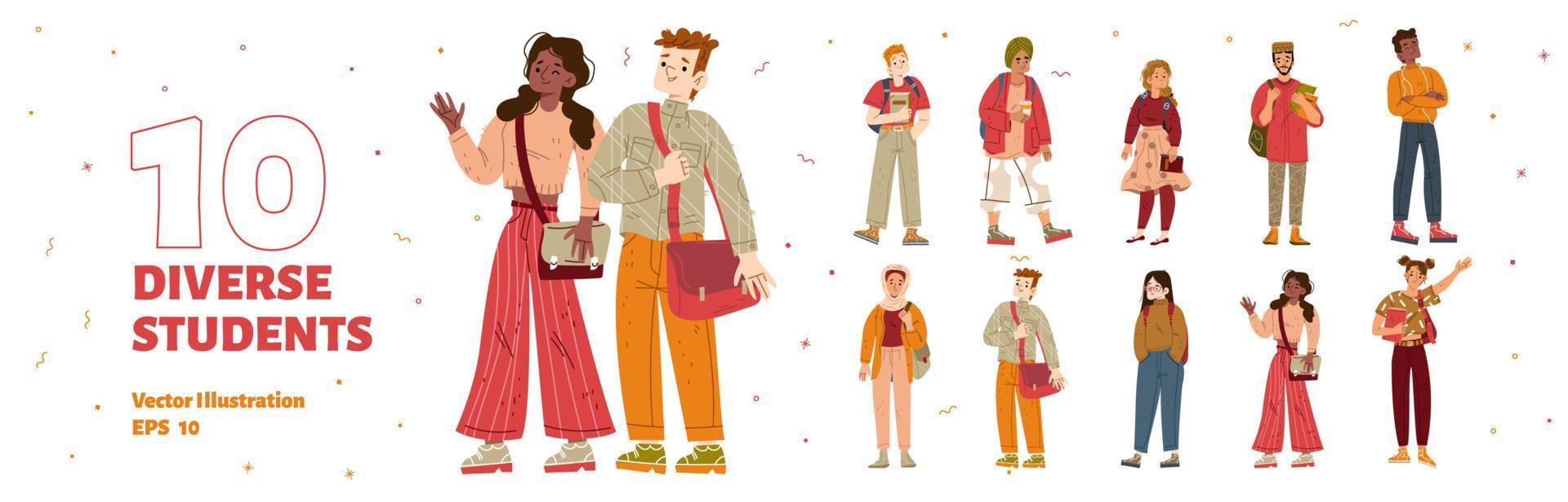 Set of diverse students characters with bags vector