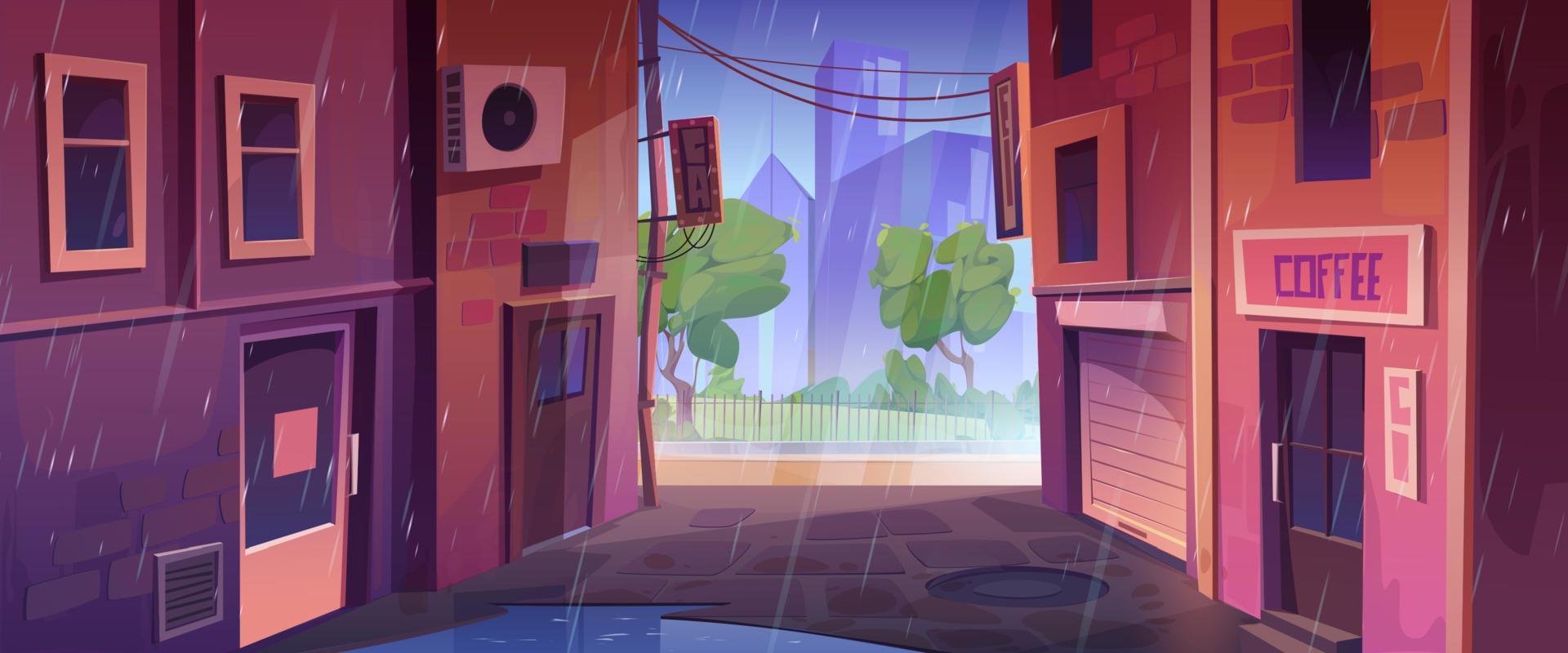 Empty back alley and city street at rainy day vector