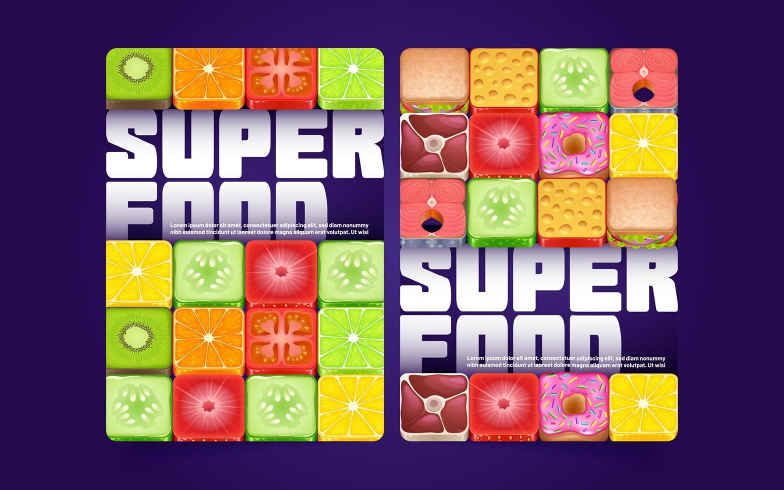 Super food posters with cartoon meals square icon vector