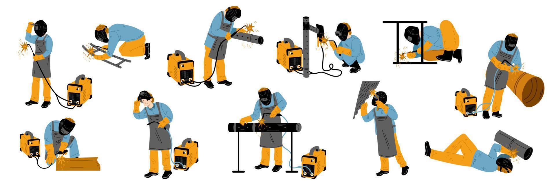 Welder at work, flat vector illustration set