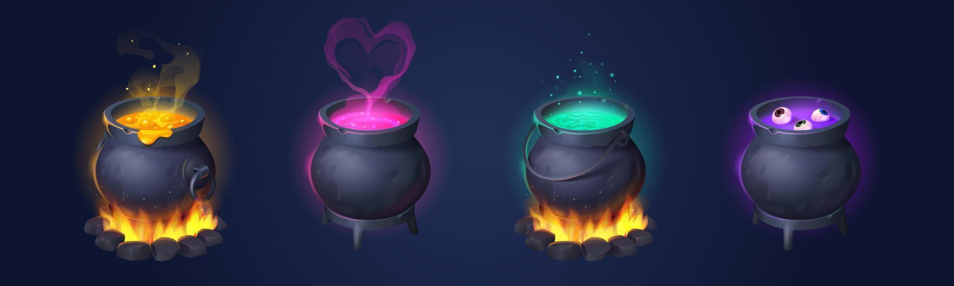 Black cauldrons with boiling magic potions vector