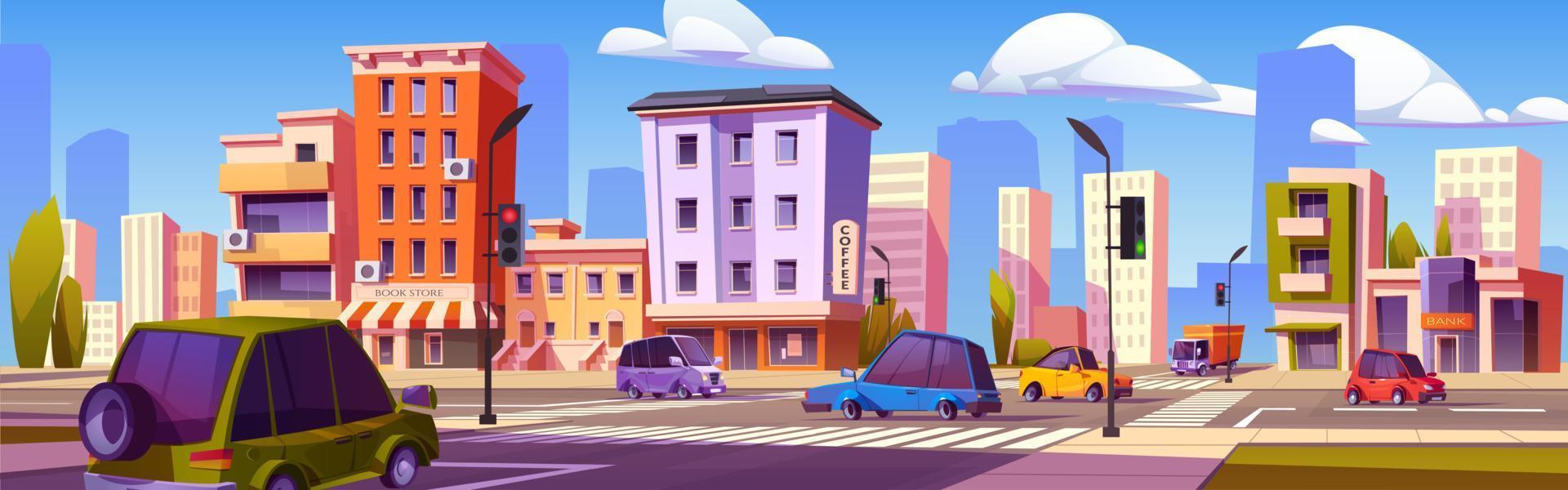 Cars drive at city crossroad on cityscape, vector