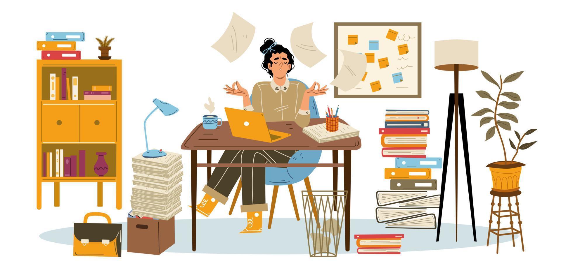Woman relax in office with stacks of paperwork vector