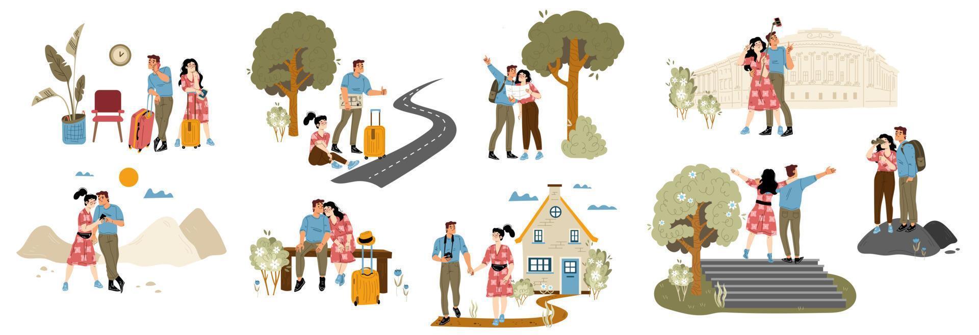 Man and woman tourists travel together vector