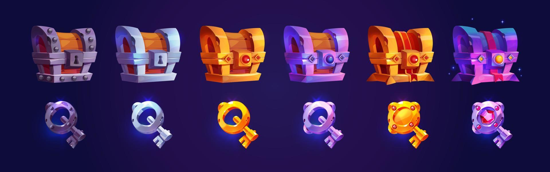 Game reward rare treasure chests and keys set vector