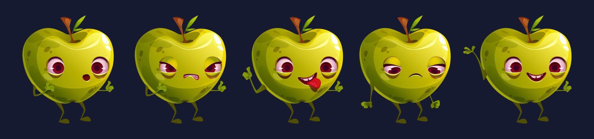 Cute green apple fruit character face emoji set vector