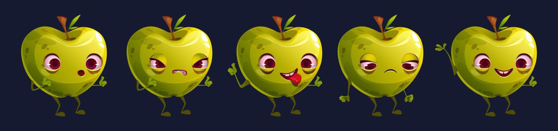 lindo conjunto de emoji de cara de personaje de fruta de manzana verde vector