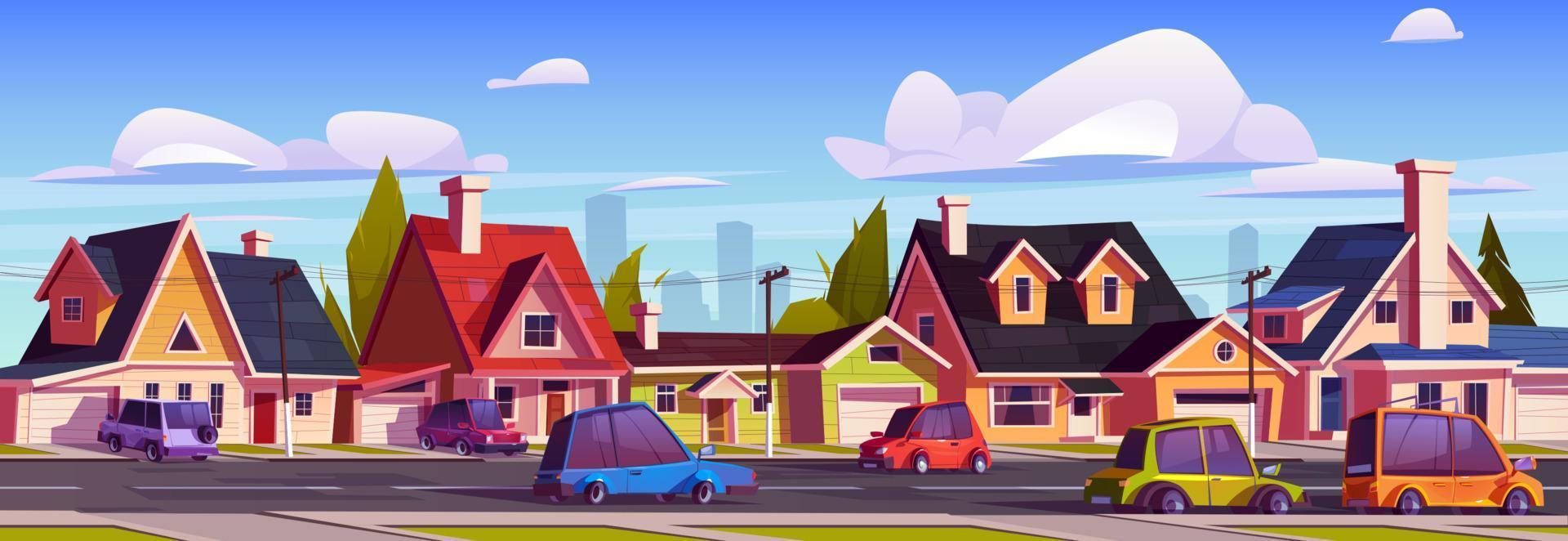 Suburb street with houses and driving cars, Vector