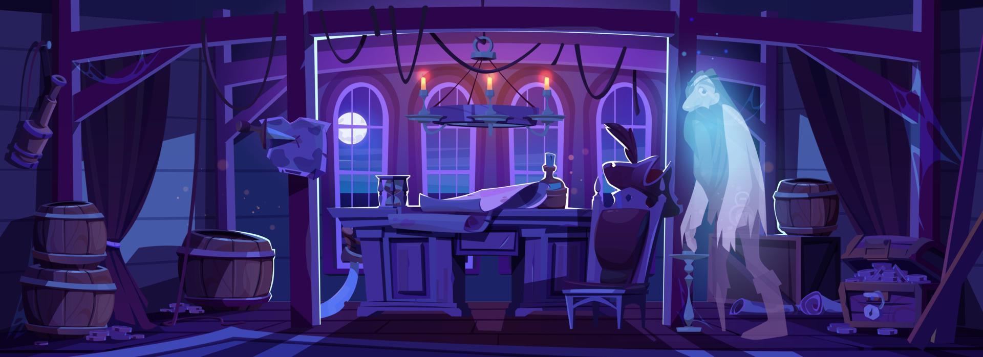 Ghost of pirate in ship cabin at night vector