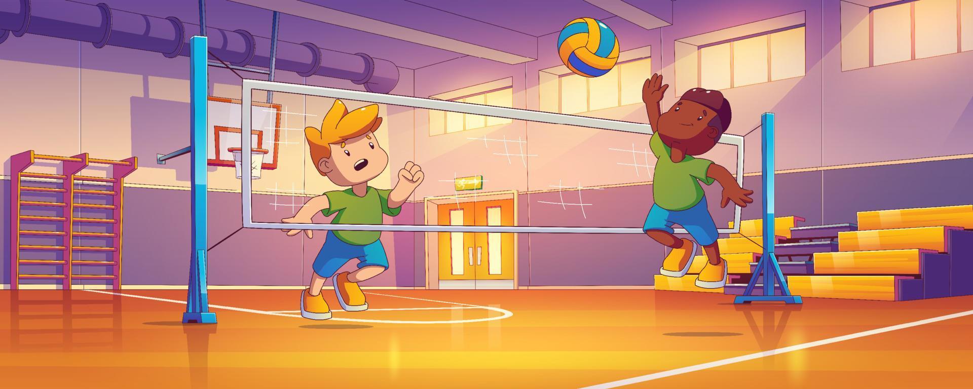 Boys play volleyball in school gym vector