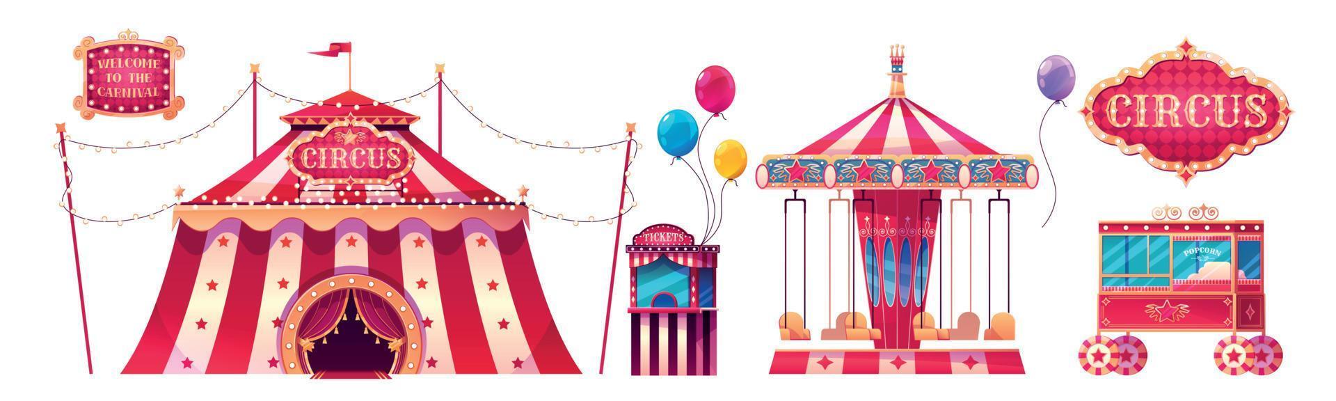 Circus tent, carousel, ticket booth, popcorn cart vector