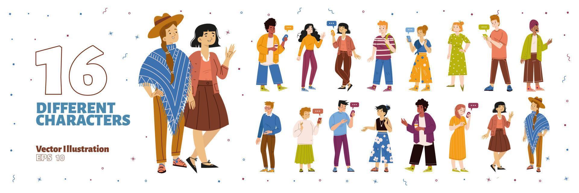 Set of different flat characters with smartphones vector