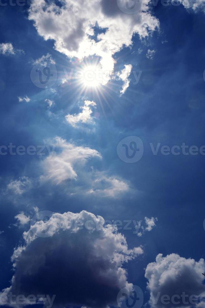 Beautiful blue sky with sunbeam with cloudy, ray of hope. Deep blue sky. photo