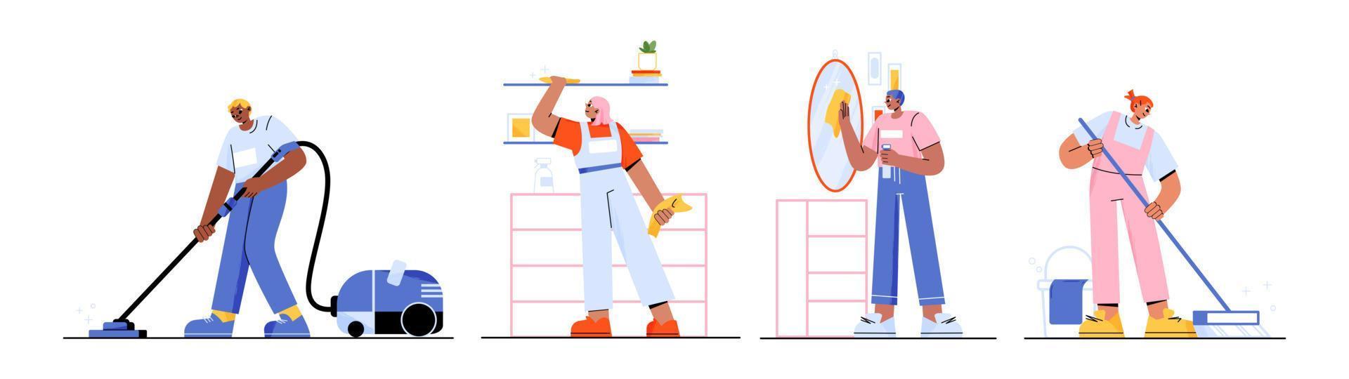 Set of flat characters cleaning home, vector