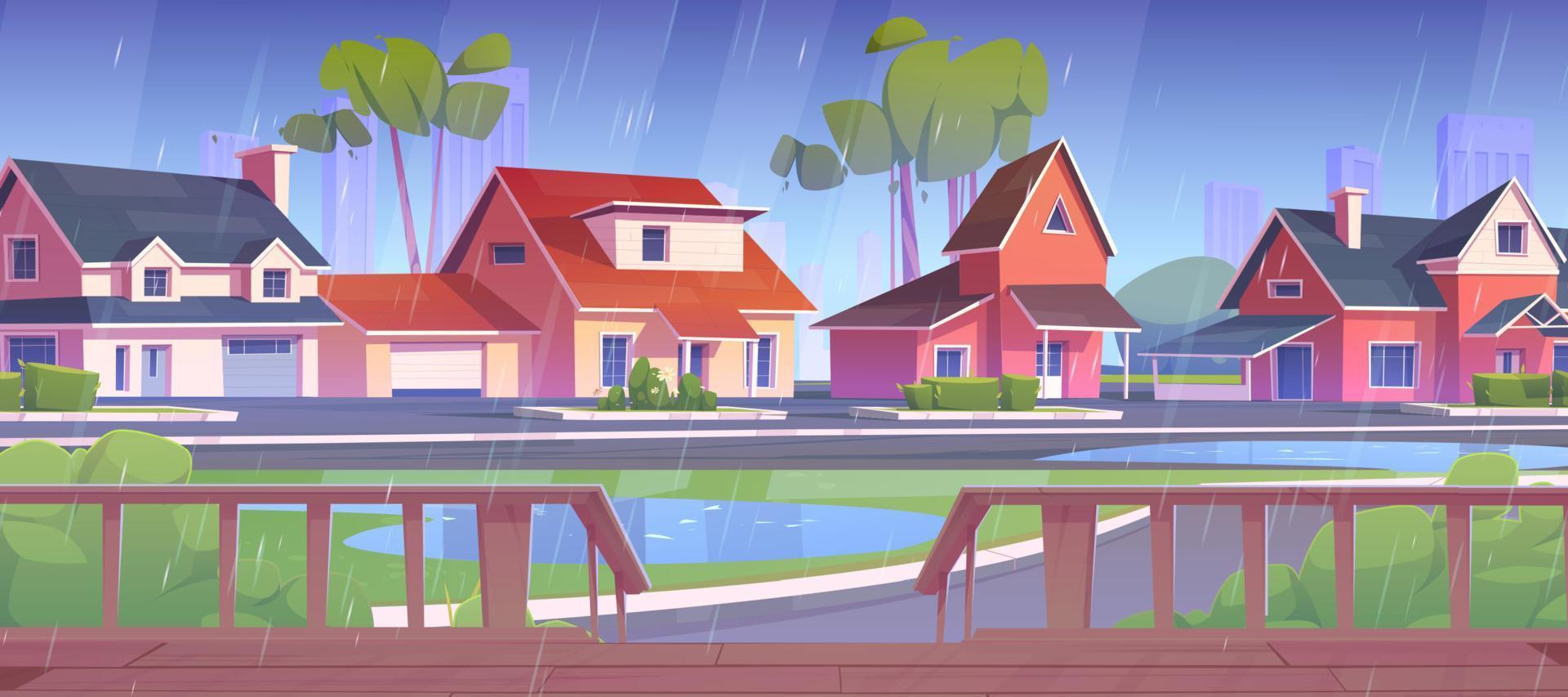 calle suburbana con casas, terraza de madera bajo la lluvia vector