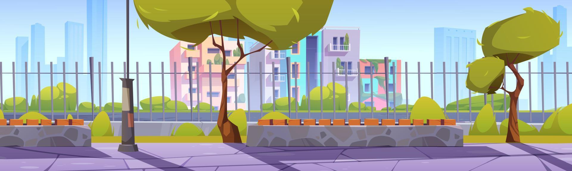 City park with benches and eco houses behind fence vector